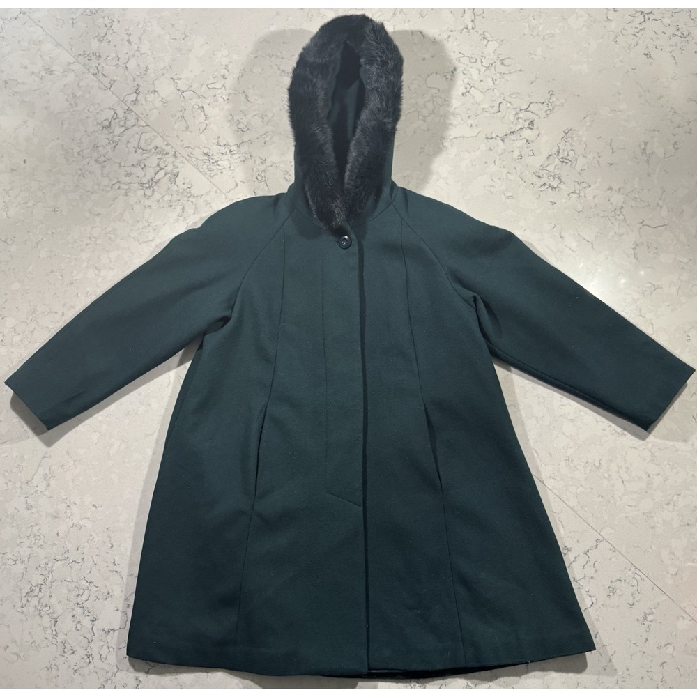 VTG 90s Donnybrook Coat Womens 12 Petite Green Hooded Long Wool Rabbit Fur Trim